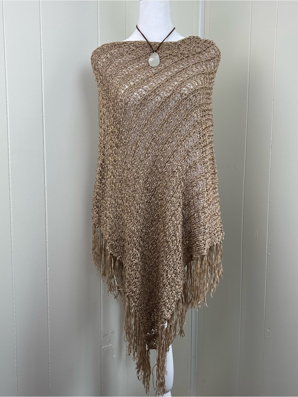 Neutral Tan Knit Fringe Poncho - Stylish Layering Accent